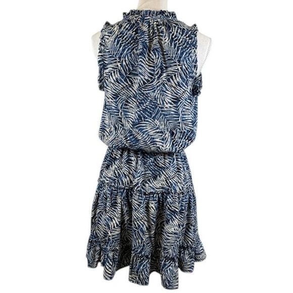 Fab'rik Tiered Mini Dress Blue Tropical Palm Leaf Print Elastic Waist Size Small - Picture 3 of 10